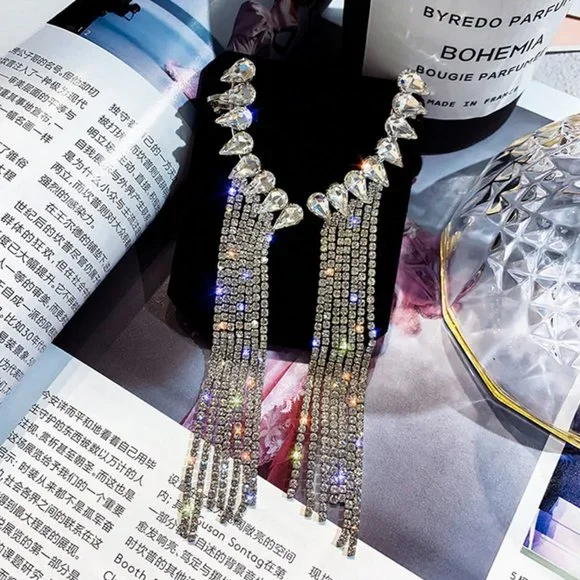 Long Tassel Rhinestone Drop Earrings - Picture 6 of 15